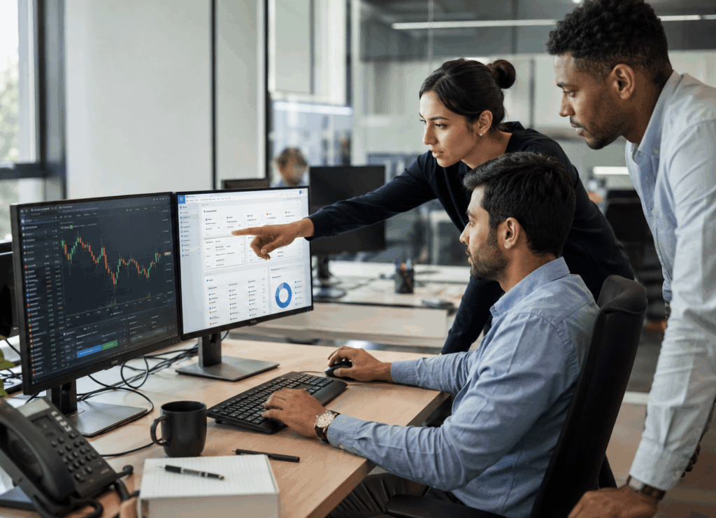 Forex brokerage team using custom Forex software to manage trading, CRM and business operations