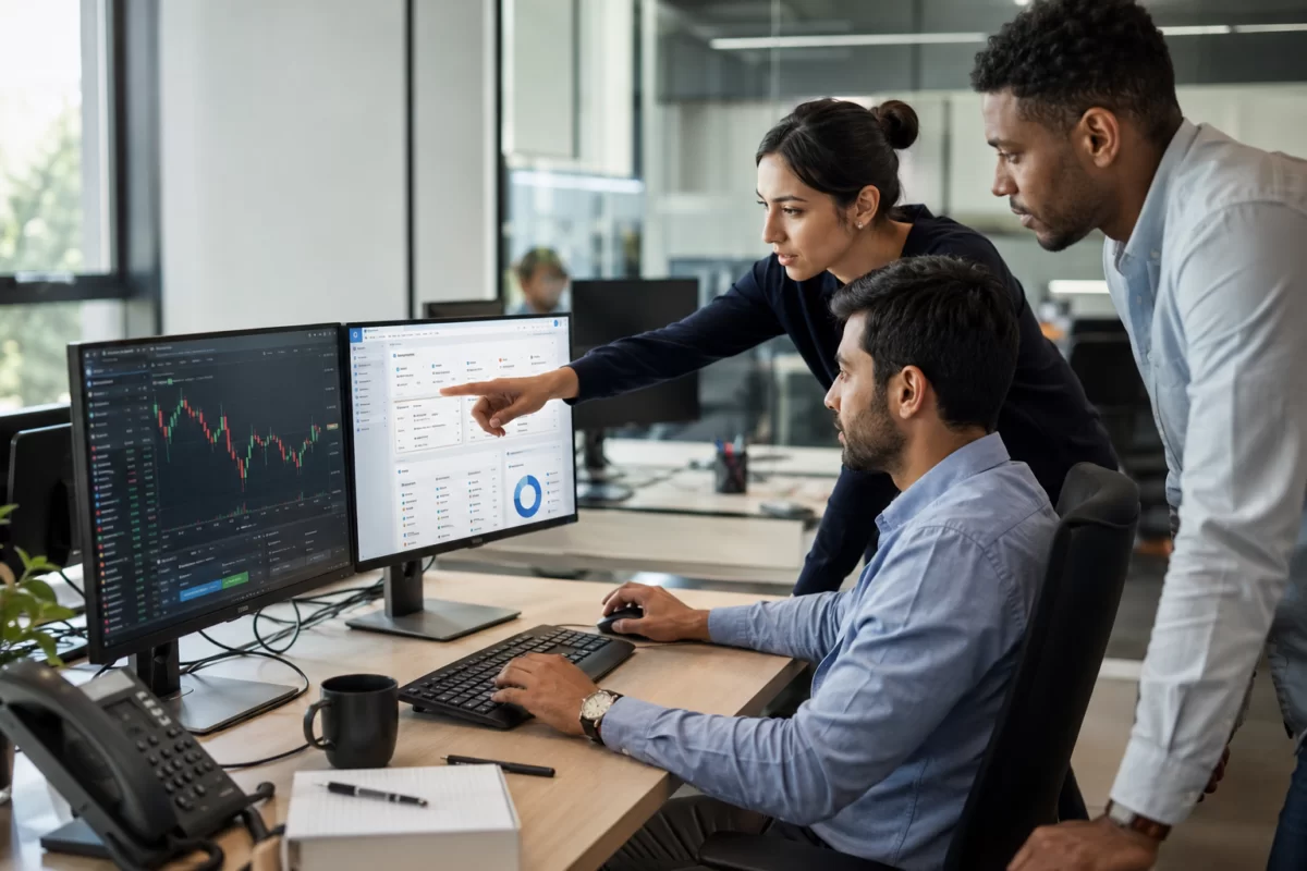 Forex brokerage team using custom Forex software to manage trading, CRM and business operations