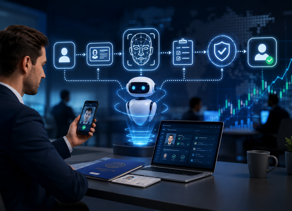 Modern forex client onboarding illustration showing a trader verifying identity on a smartphone while an AI-powered system automates KYC, document verification, facial recognition, compliance checks, and account approval through a secure digital workflow with trading dashboards in the background.