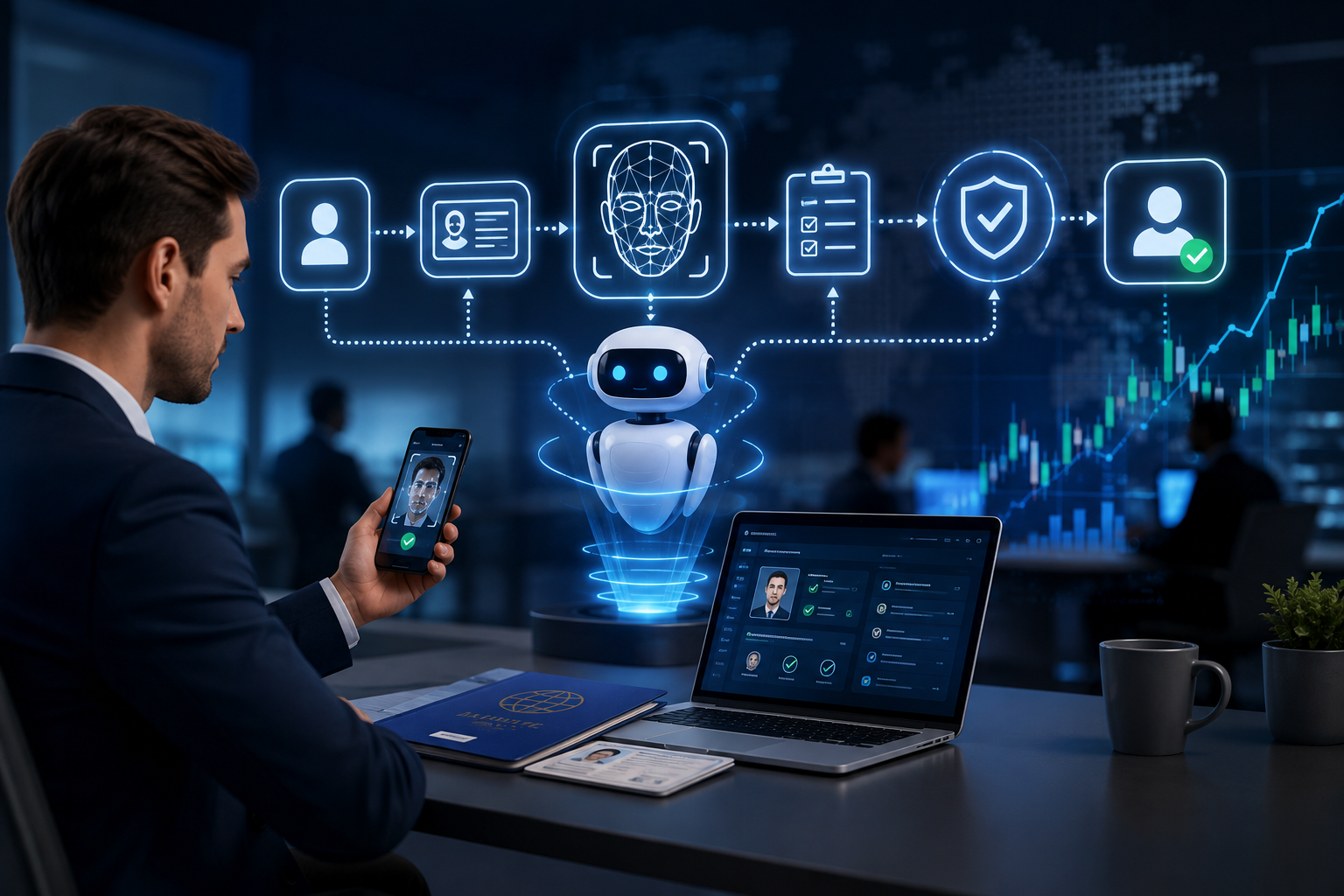 Modern forex client onboarding illustration showing a trader verifying identity on a smartphone while an AI-powered system automates KYC, document verification, facial recognition, compliance checks, and account approval through a secure digital workflow with trading dashboards in the background.