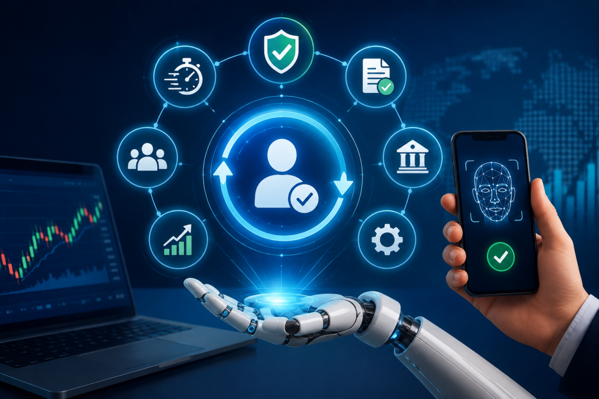 AI-powered forex client onboarding illustration showing automated KYC verification, identity authentication, secure document processing, compliance checks, and instant account approval with a trading dashboard, biometric smartphone verification, and connected fintech automation icons.