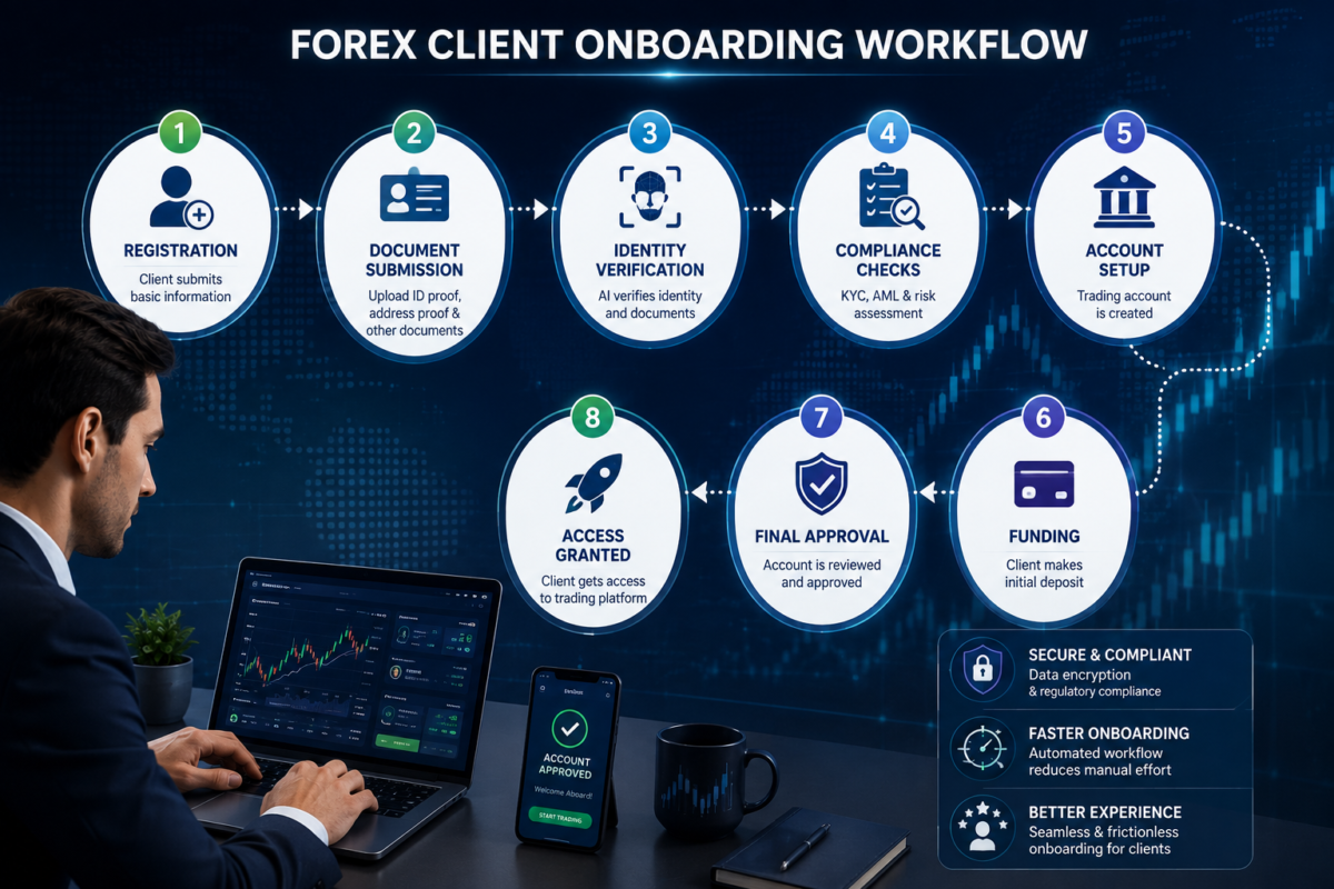 Illustration of a complete forex client onboarding workflow showing client registration, document submission, AI-powered identity verification, KYC and AML compliance checks, trading account creation, account funding, final approval, and platform access through an automated digital process.