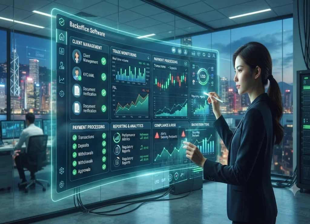 Backoffice software dashboard displaying client management, KYC/AML verification, trade monitoring, payment processing, and compliance risk analytics.
