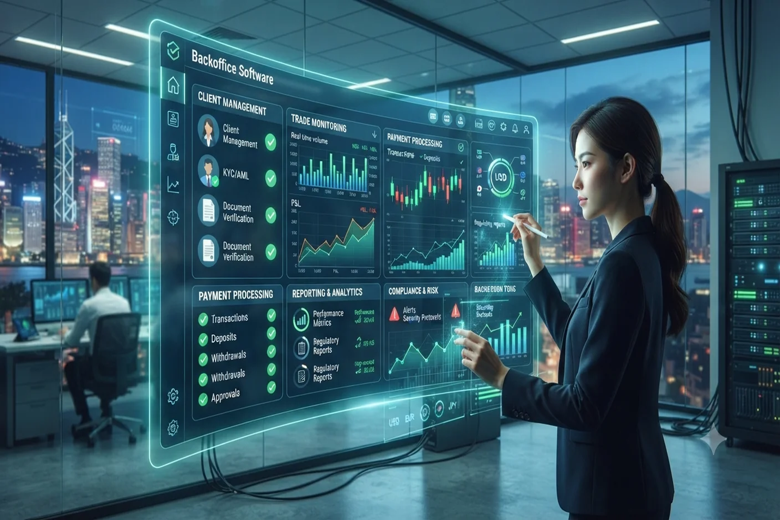 Backoffice software dashboard displaying client management, KYC/AML verification, trade monitoring, payment processing, and compliance risk analytics.