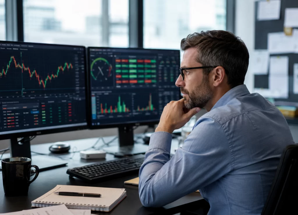 Forex broker risk manager monitoring market exposure, margin, leverage and trading risks on real-time dashboards