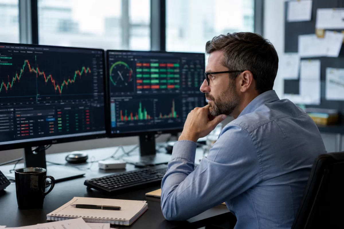 Forex broker risk manager monitoring market exposure, margin, leverage and trading risks on real-time dashboards